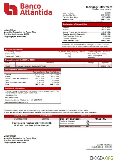 Honduras Banco Atlantida Bank relevé hypothécaire bancaire scr